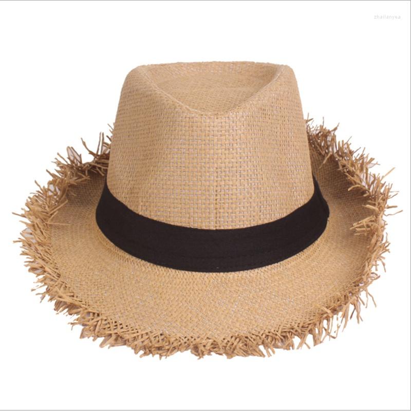 Berets MYZOPER Breathable Tassel Fashion Straw Hat Unisex Casual Flat Top Sun Protection Summer Beach Cap, 01