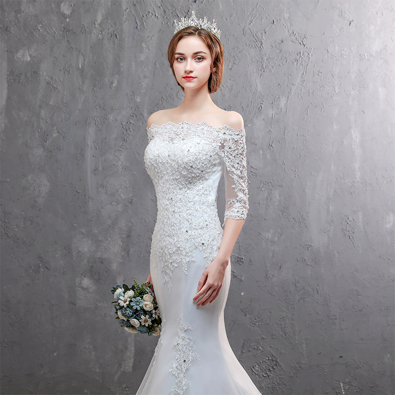 Luxurious Crystal Mermaid Wedding Dresses Jewel Neck Sleeve Lace Appliques Long Train Wed Gowns Plus Size Bridal Dress 403
