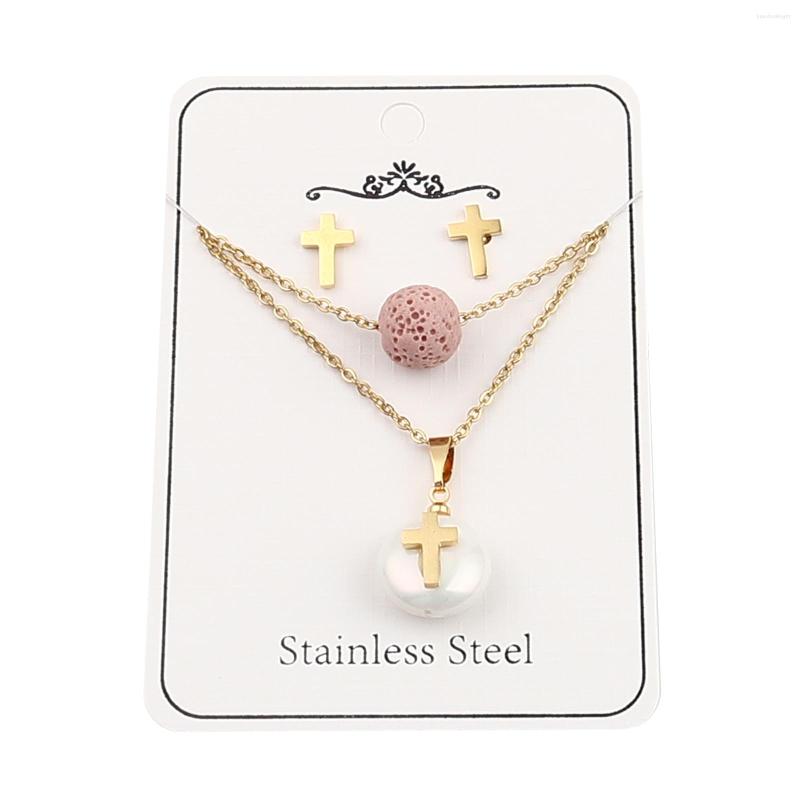 Necklace Earrings Set Stainless Steel & Lava Rock Religious Jewelry Stud Earring Gold Color Pink Round Cross Imitation Pearl 1, Picture shown
Necklace Earrings Set Stainless Steel & Lava Rock Religious Jewelry Stud Earring Gold Color Pink Round Cross Imitation Pearl 1, Picture shown