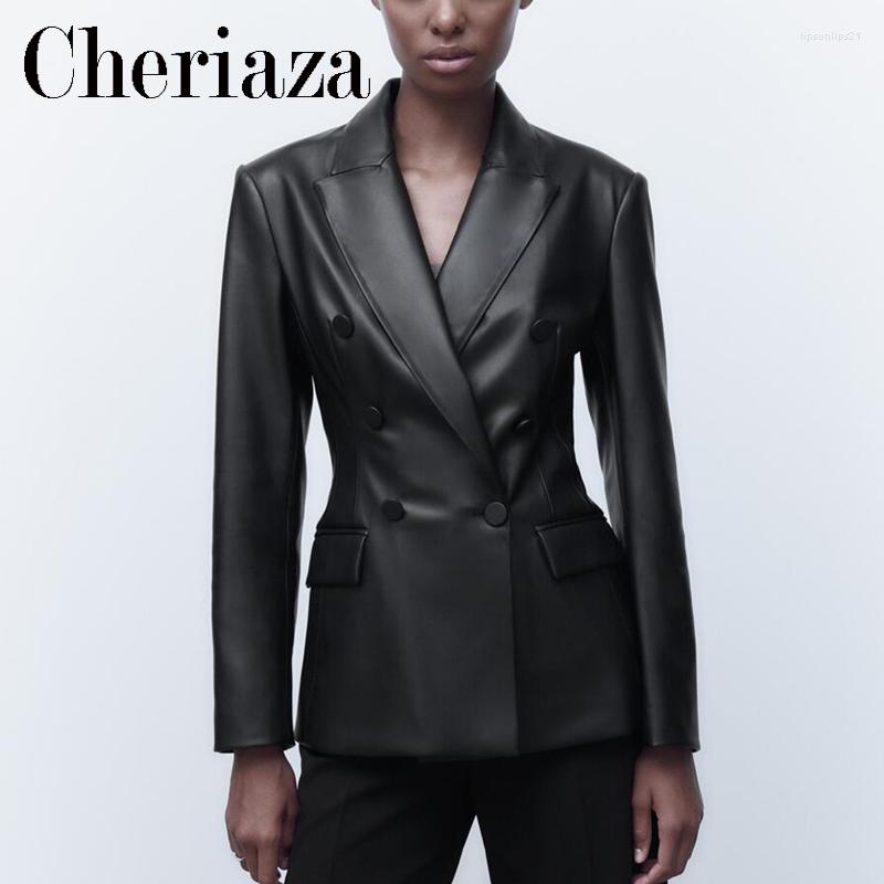 Women's Suits Cheriaza Autumn Woman Black Imitation Leather Casual Blazer Double-breasted Long Sleeves Slim Commute Outerwear Female Jacket
Women's Suits Cheriaza Autumn Woman Black Imitation Leather Casual Blazer Double-breasted Long Sleeves Slim Commute Outerwear Female Jacket