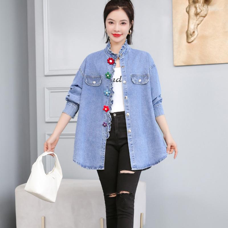 Women' Blouses #3421 Stand Ruffles Collar Denim Shirts Women Loose Flower Buttons Mid-length Casual Woman Jeans Shirt Long Sleeved Vintage, Blue
Women' Blouses #3421 Stand Ruffles Collar Denim Shirts Women Loose Flower Buttons Mid-length Casual Woman Jeans Shirt Long Sleeved Vintage, Blue
