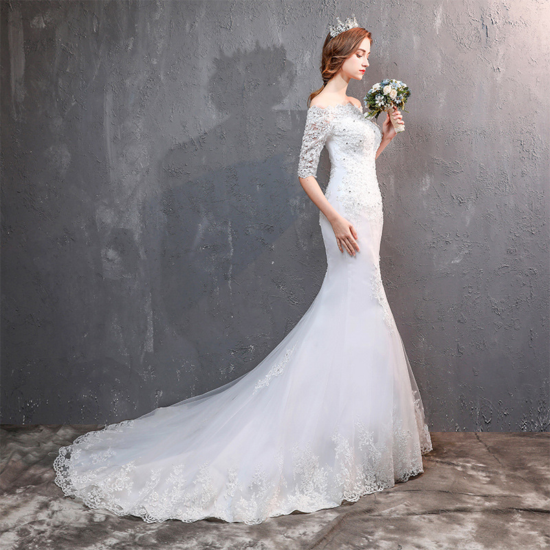 Luxurious Crystal Mermaid Wedding Dresses Jewel Neck Sleeve Lace Appliques Long Train Wed Gowns Plus Size Bridal Dress 403