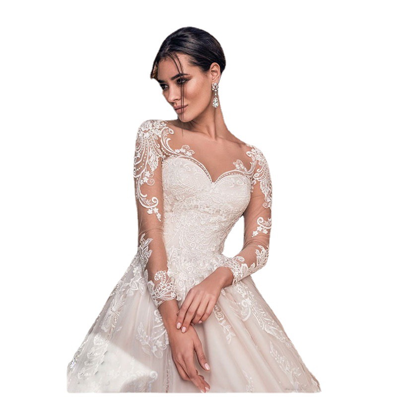 Court Train Wedding Dress Fanty Jewelry Neck Long Sleeves Lace Applique Bodice Open Back see through Sexy Bridal Gowns vestido de noiva curto 2023