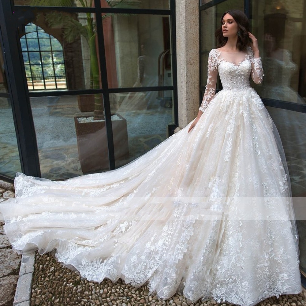 Country Ball Wedding Dresses Dubai Lace High Necke Half Long Sleeves Pearls Tulle Princess Boho Bridal Gown Plus Size 403 6660311