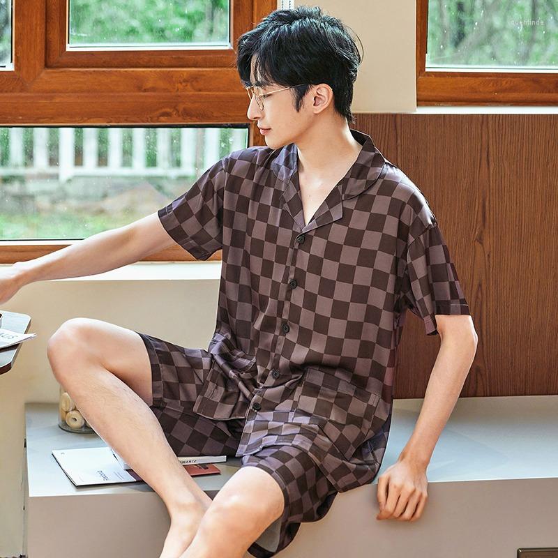 Men's Sleepwear Summer Men's Ice Silk Pyjamas Short Sleeve Shorts Gentleman Checked Print Satin Casual Man Rayon Homewear Suit, 401
Men's Sleepwear Summer Men's Ice Silk Pyjamas Short Sleeve Shorts Gentleman Checked Print Satin Casual Man Rayon Homewear Suit, 401