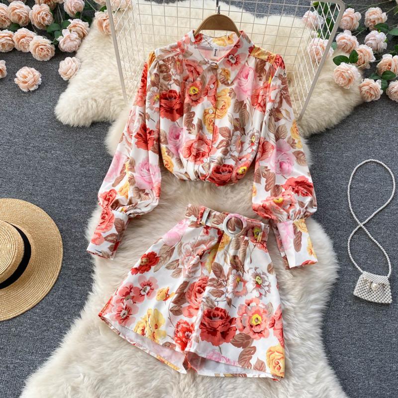 Women's Tracksuits PREPOMP Belt Turn-down Collar Fashion Temperament Lantern Sleeve Flower Printed Shirt Two Piece Suit Women Shorts GE242, Red
Women's Tracksuits PREPOMP Belt Turn-down Collar Fashion Temperament Lantern Sleeve Flower Printed Shirt Two Piece Suit Women Shorts GE242, Red