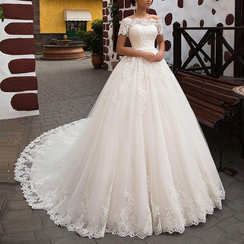 ball gown Wedding Dresses Sheer Crew Neck Sexy See Through Button Back Long off shoulder Appliques New Vintage Lace Vestios De Novia Bridal Gown