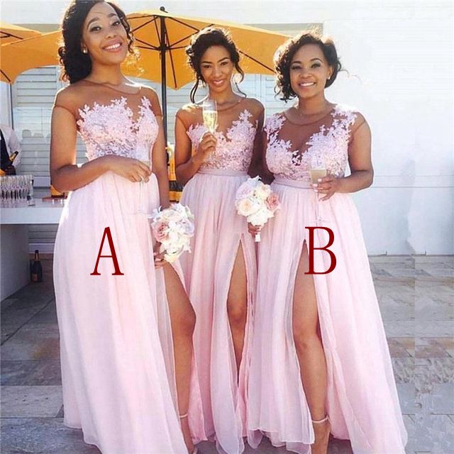 Robe demoiselle d'honneur Sexy Slit Pink Lace Bridesmaid Dresses Long See Through Appliques Wedding Party Gowns