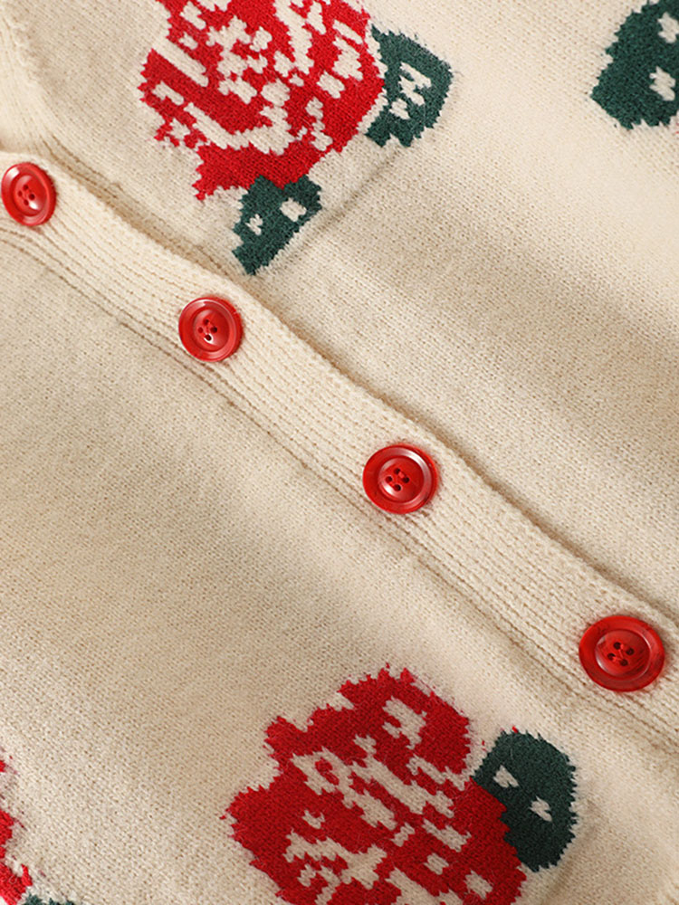 Autumn Winter V-Neck Knitted Cardigans Women Single Breasted Rose Floral Pattern Loose Sweaters Female Causual Knitwear C-077