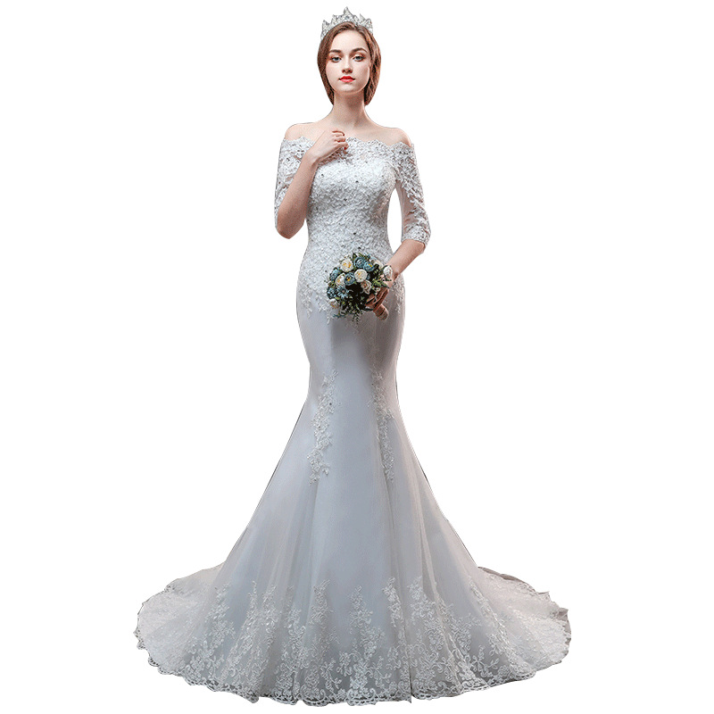 Luxurious Crystal Mermaid Wedding Dresses Jewel Neck Sleeve Lace Appliques Long Train Wed Gowns Plus Size Bridal Dress 403