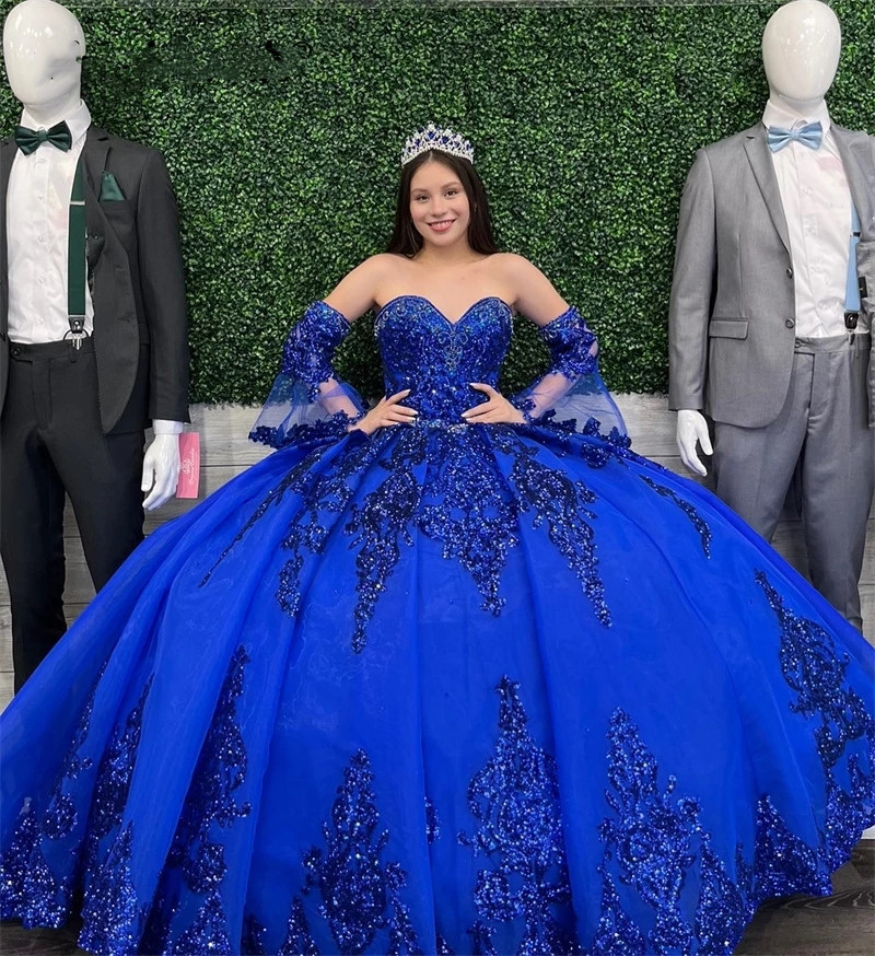Sparkly Royal Blue Ball Gown Quinceanera Dresses 2023 Sequins Applique Sweet 16 Dress Birthday Party Vestidos De 15 Anos
