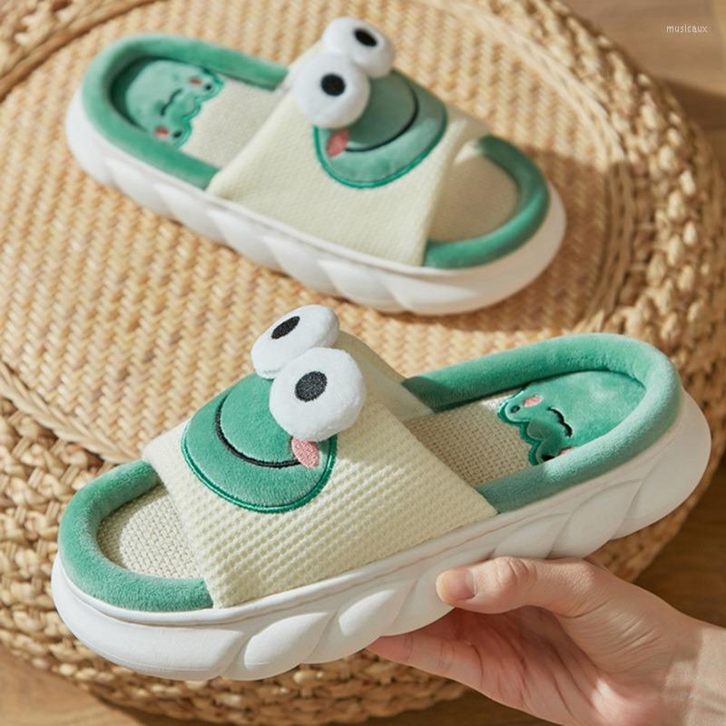 Slippers Lovely Frog Linen Women Shoes Couples Non Slip Thick Soled Spring Summer Cotton Cool Home Slide, Style-7