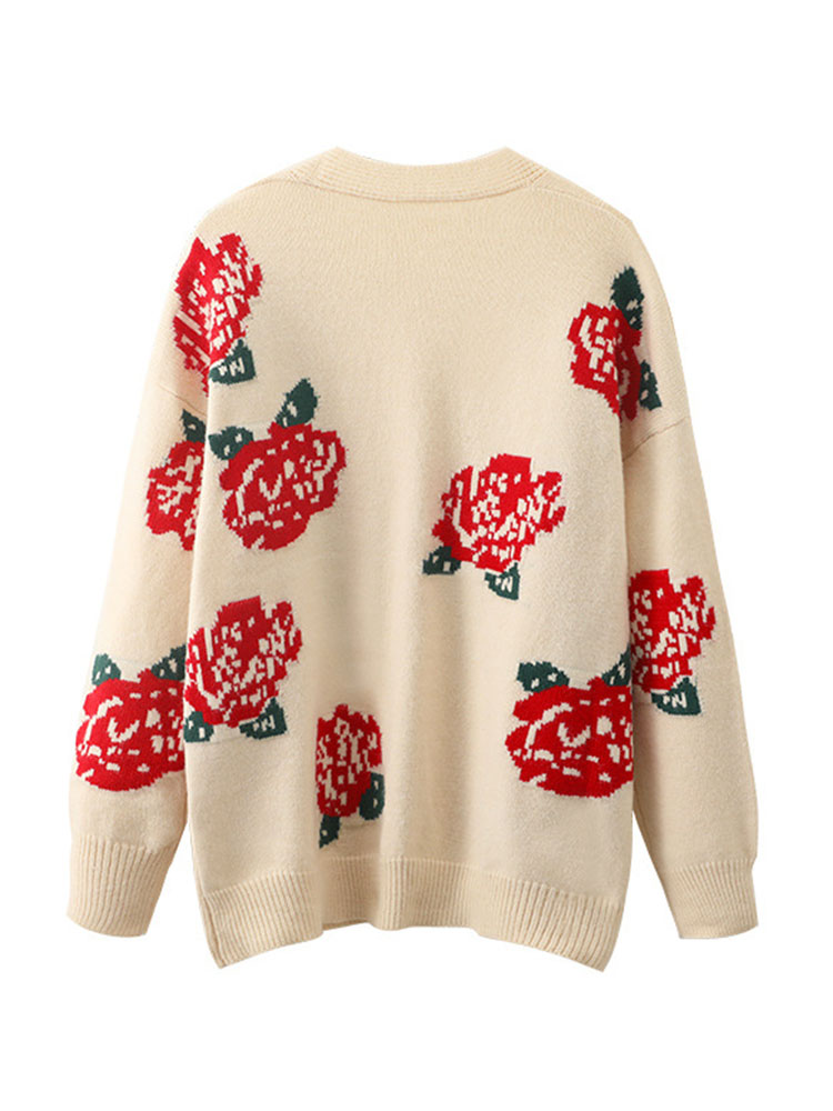 Autumn Winter V-Neck Knitted Cardigans Women Single Breasted Rose Floral Pattern Loose Sweaters Female Causual Knitwear C-077