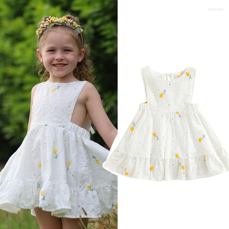 Girl Dresses Summer Lovely Kids Girls Holiday Dress 1-5Y Sleeveless Lace Hollow Out Floral Printed Ruffles A-Line Sundress, Picture shown