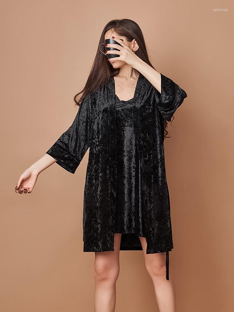 Women' Sleepwear Hiloc Knit Velvet Robe Women' Nightwear Mini Dress Sets Spaghetti Strap Nightgown Three Quarter Sleeve Bathrobes Blue, Black
Women' Sleepwear Hiloc Knit Velvet Robe Women' Nightwear Mini Dress Sets Spaghetti Strap Nightgown Three Quarter Sleeve Bathrobes Blue, Black