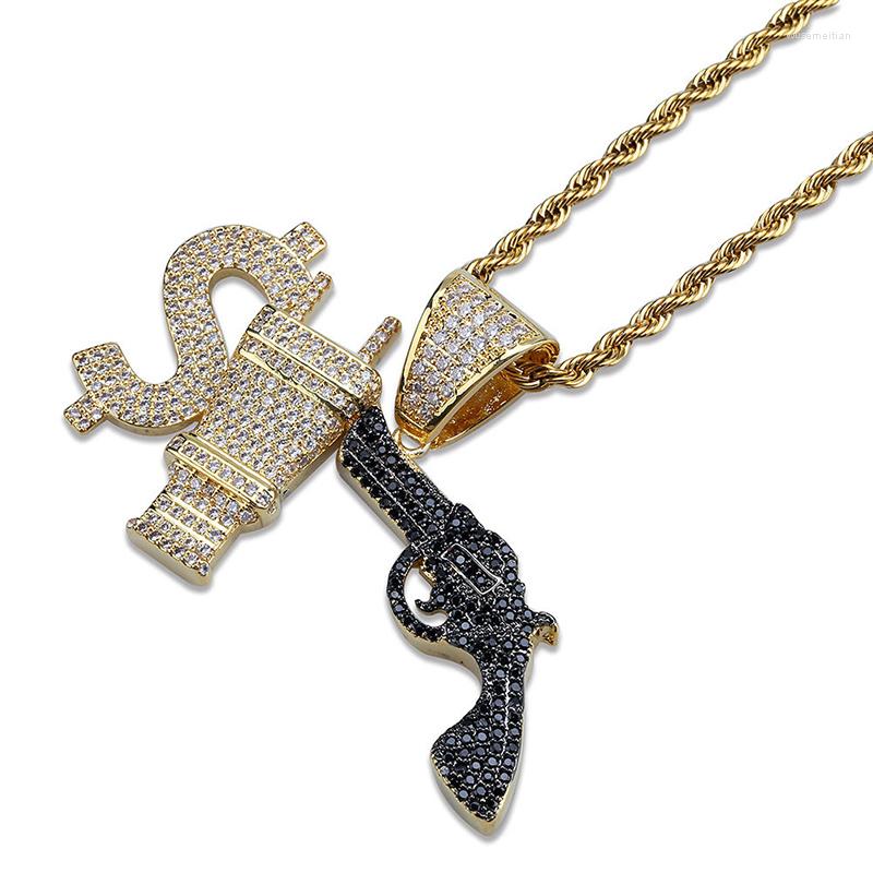 Pendant Necklaces Hip Hop Micro Paved Cubic Zirconia Iced Out Bling Gun Plug US Dollar Pendants Necklace For Men Rapper Jewelry