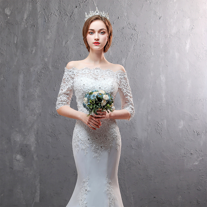 Luxurious Crystal Mermaid Wedding Dresses Jewel Neck Sleeve Lace Appliques Long Train Wed Gowns Plus Size Bridal Dress 403