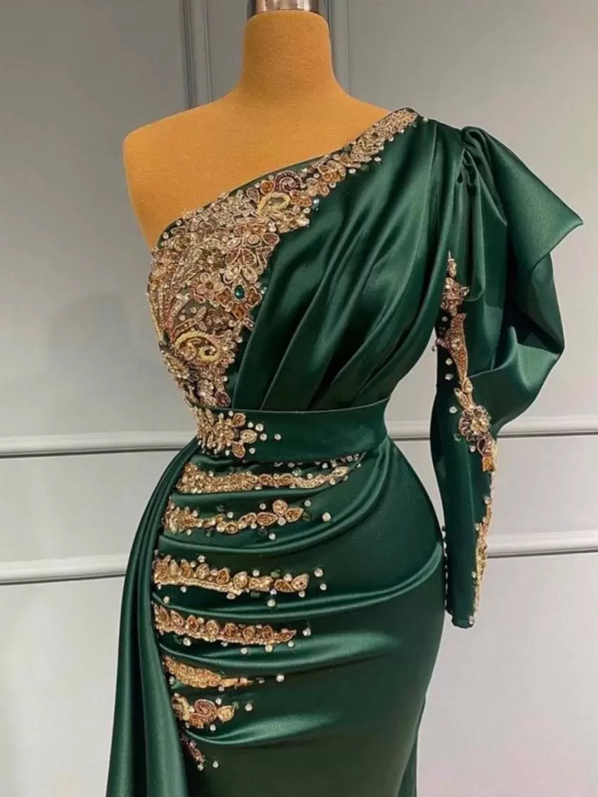 Charming Satin Dark Green Mermaid Evening Dress With Gold Lace Appliques Pearls Beads One Shoulder Pleats Long Formal Ocn Gowns Vestidos De Fiesta Pro