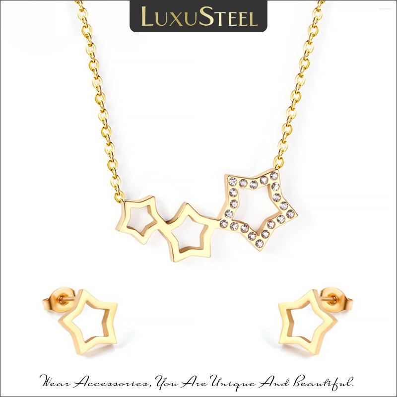 Necklace Earrings Set LUXUSTEEL Hollow Out Star Zirconia Jewelry Female Accessories Trendy Style Gold Color Stud Stainless Steel Collars, Picture shown
Necklace Earrings Set LUXUSTEEL Hollow Out Star Zirconia Jewelry Female Accessories Trendy Style Gold Color Stud Stainless Steel Collars, Picture shown