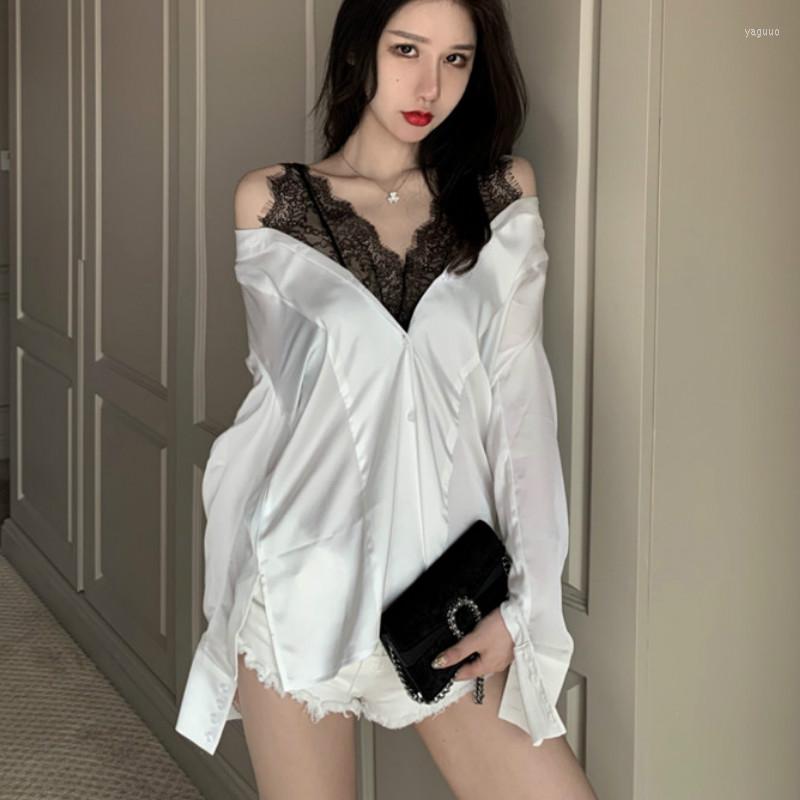 Women's Blouses Chic Women Long Sleeve Satin Shirts Woman Sexy Lace Deco Tops Lady Off The Shoulder, White
Women's Blouses Chic Women Long Sleeve Satin Shirts Woman Sexy Lace Deco Tops Lady Off The Shoulder, White