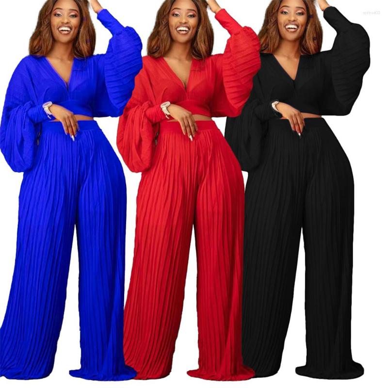 Women' Two Piece Pants 2022 European And American Style Solid V-Neck Full Sleeve Top Pleated Wide Leg Set For Women, Black
Women' Two Piece Pants 2022 European And American Style Solid V-Neck Full Sleeve Top Pleated Wide Leg Set For Women, Black