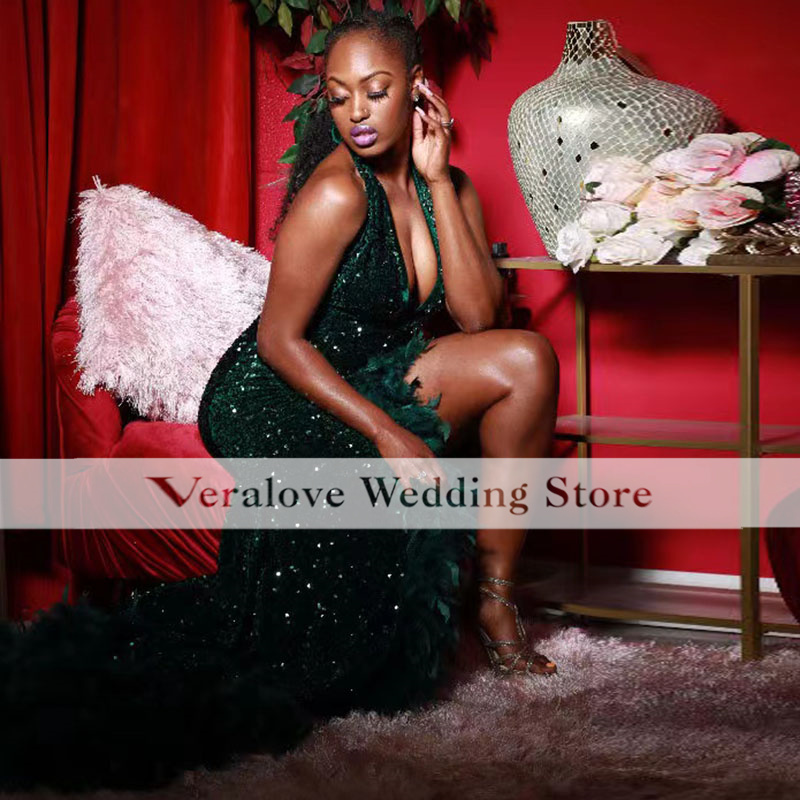 Dark Green Beaded Collection Prom Dresses 2022 Halter Neck Sequins Feathers Sexy Slit Mermaid Evening Gowns Formal Party Dresses