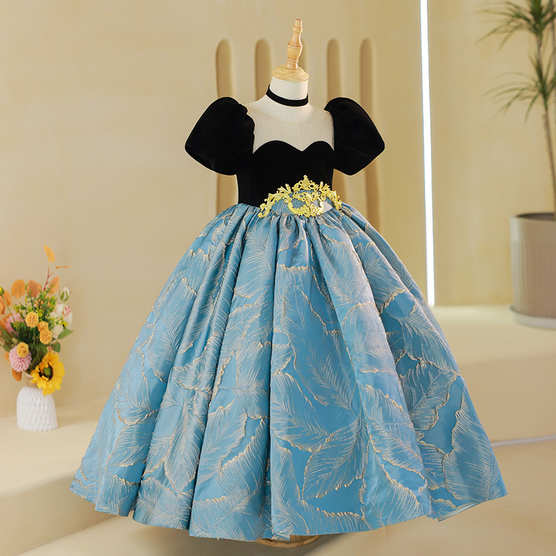 2023 Flower Girl Dresses Jewel Neck Ball Gown Lace Appliques Beads With Bow gKids Girls Gold blue Pageant Dress Sweep Train Birthday Gowns