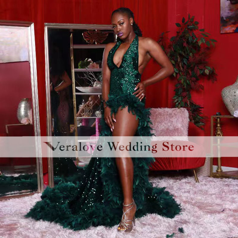 Dark Green Beaded Collection Prom Dresses 2022 Halter Neck Sequins Feathers Sexy Slit Mermaid Evening Gowns Formal Party Dresses