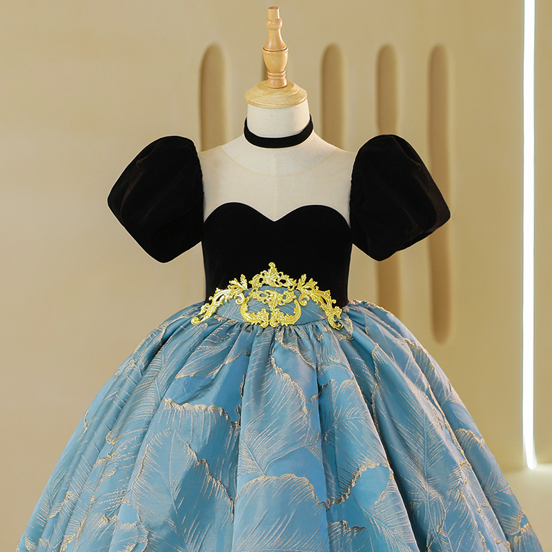 2023 Flower Girl Dresses Jewel Neck Ball Gown Lace Appliques Beads With Bow gKids Girls Gold blue Pageant Dress Sweep Train Birthday Gowns