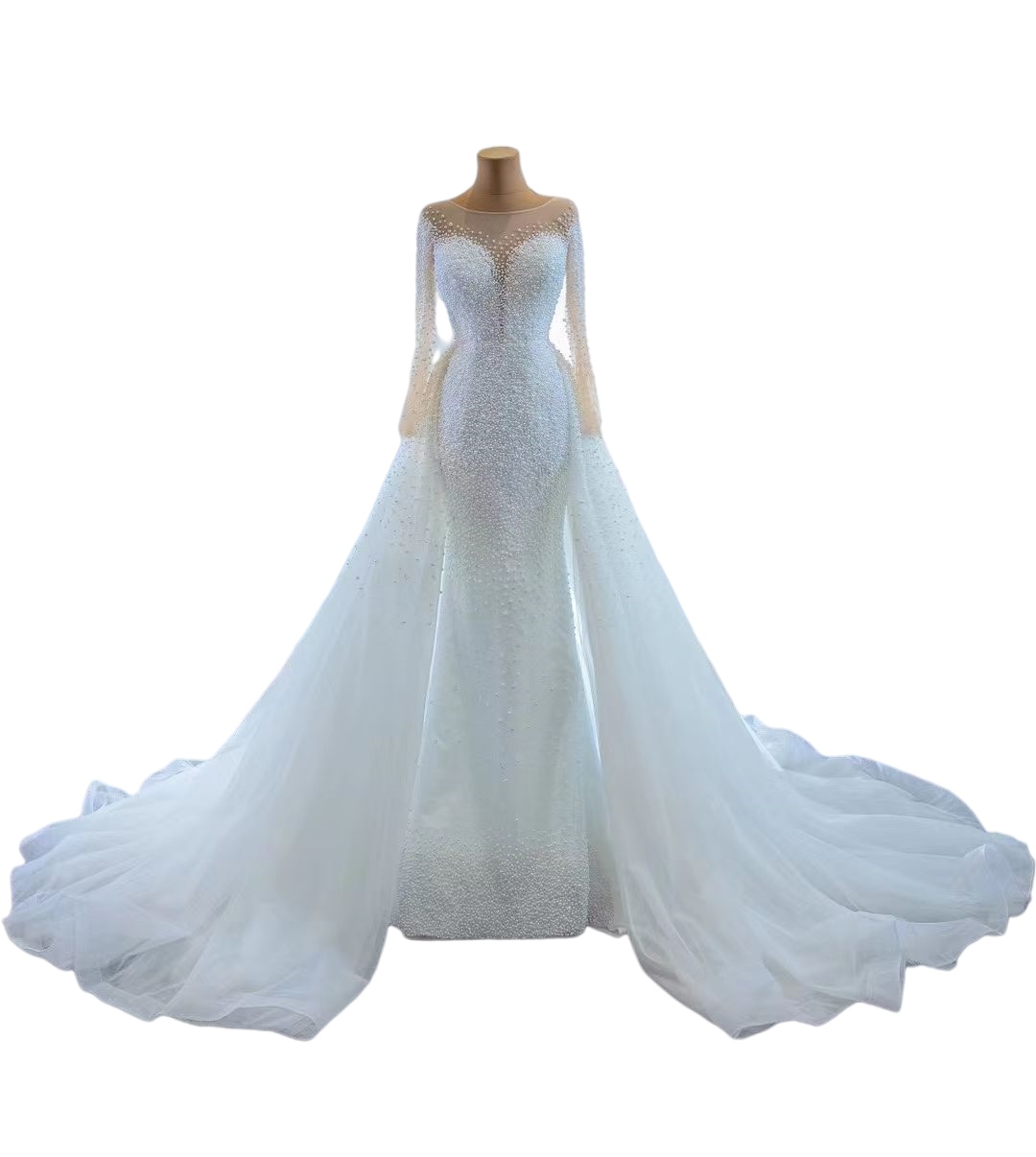 Illusion Long Sleeve Crystal Mermaid Wedding Dress with remove train robe de mariage Pearls Lace-up Corset Back Bridal Gowns