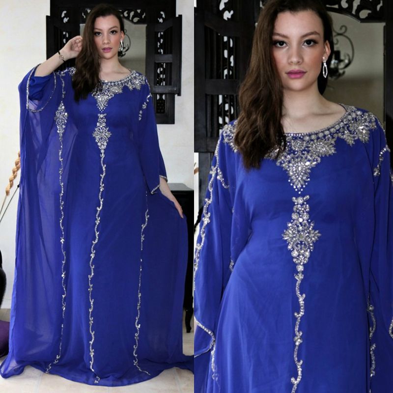 Royal Blue Evening Dresses Arabic Dubai Abaya Morocco Crystals Beaded Long Sleeves Caped Floor Length Muslim Prom Party Gowns