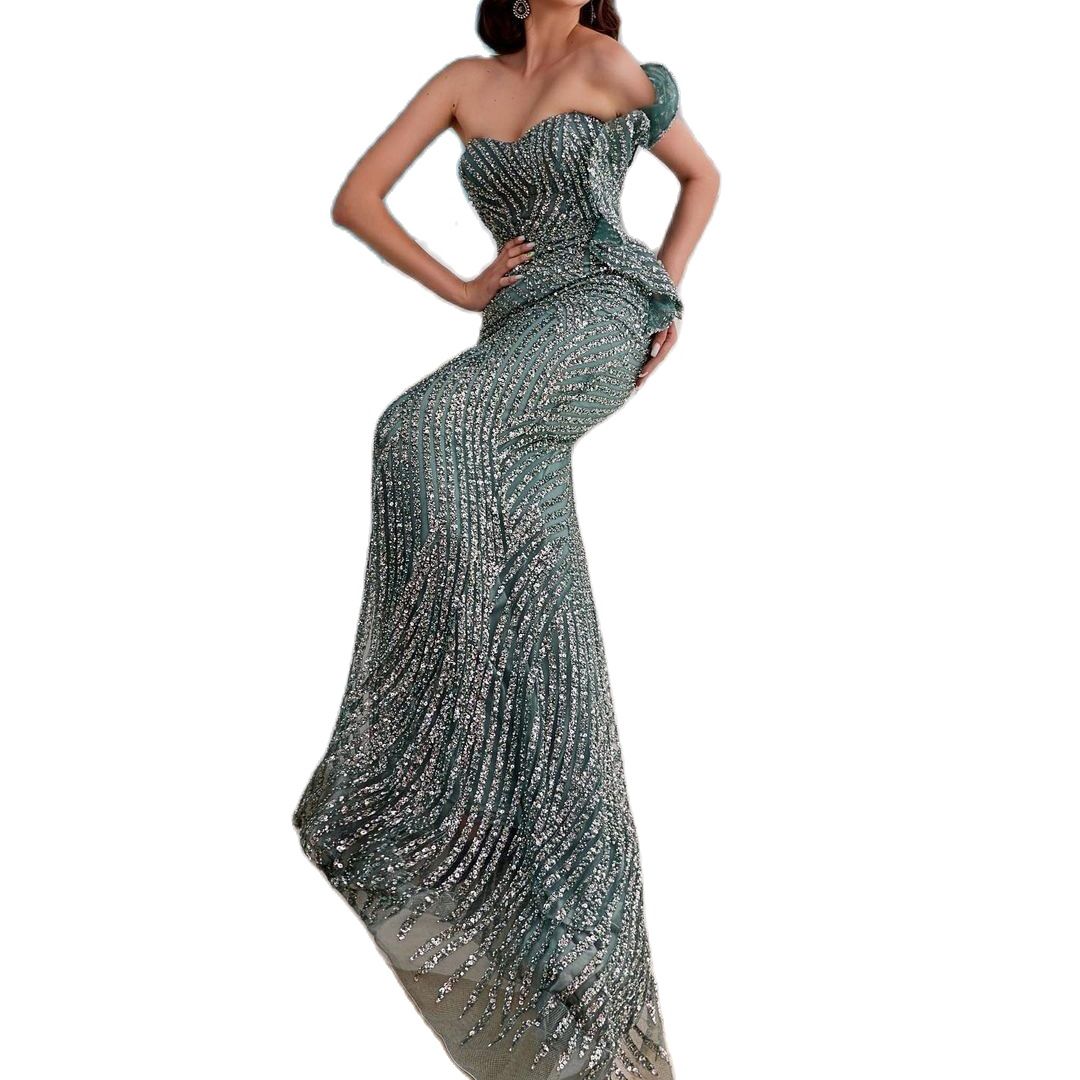 One Shoulder Evening Dresses Sequined Sweetheart Mermaid African Dubai Prom Dress Sleeveless Floor Length Formal Party Gowns