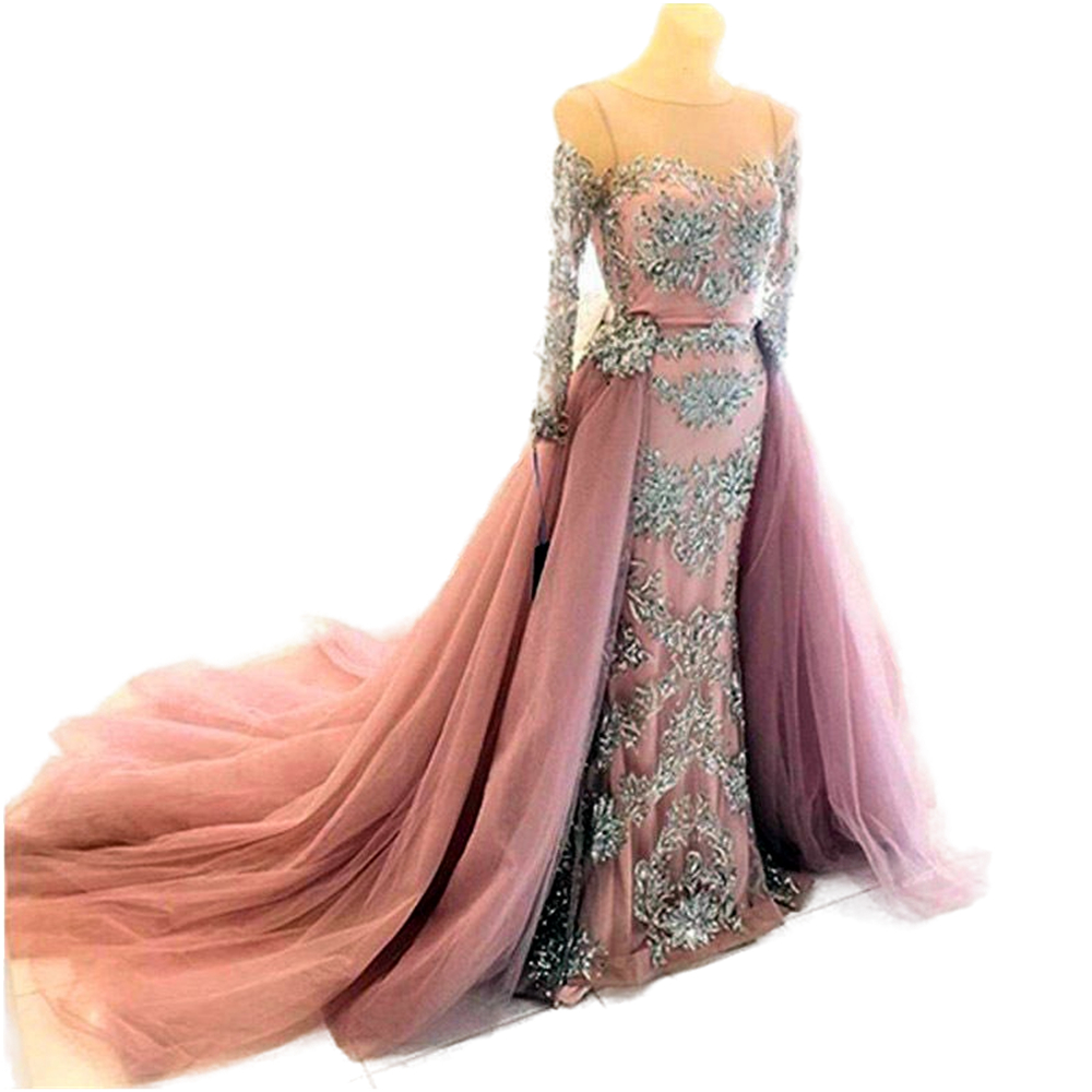 Elegant Dusty Pink Formal Evening Dresses With Detachable Train Silver Lace Appliques Sequins Beaded Long Sleeve Formal Party Gowns For Women 2023 Pro