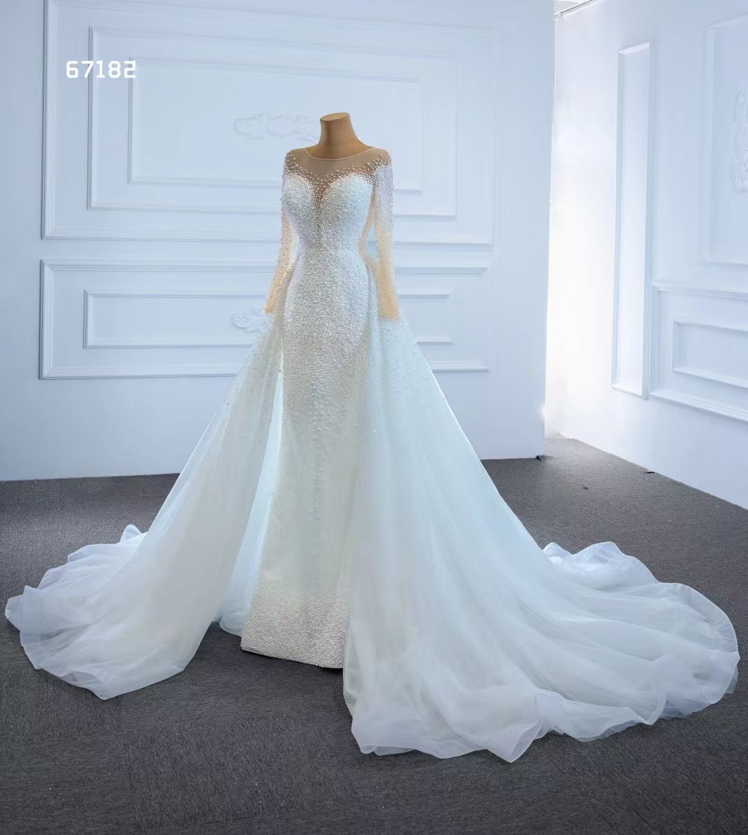 Illusion Long Sleeve Crystal Mermaid Wedding Dress with remove train robe de mariage Pearls Lace-up Corset Back Bridal Gowns