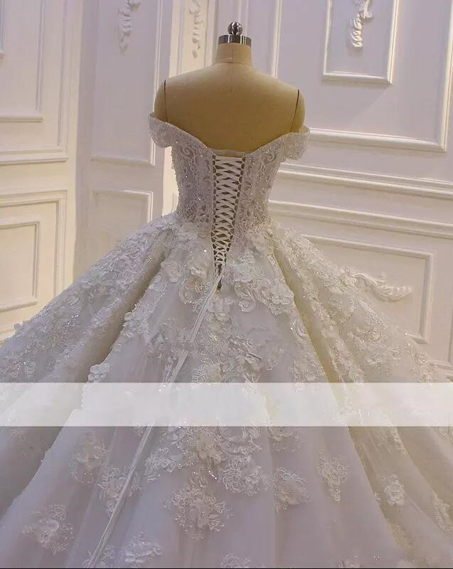 Sparkly Beaded Off Shoulder a-line Wedding Dress Luxury 3D Flowers Lace-up corset Appliqued Princess Vintage Arabic Bridal Gown