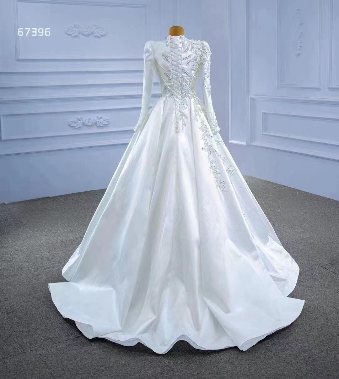 Long Sleeve High Neck Pearls A-line Wedding Dresses Puffy Skirt Princess Lace-up Corset Matte Stain Arabic Bridal Gowns