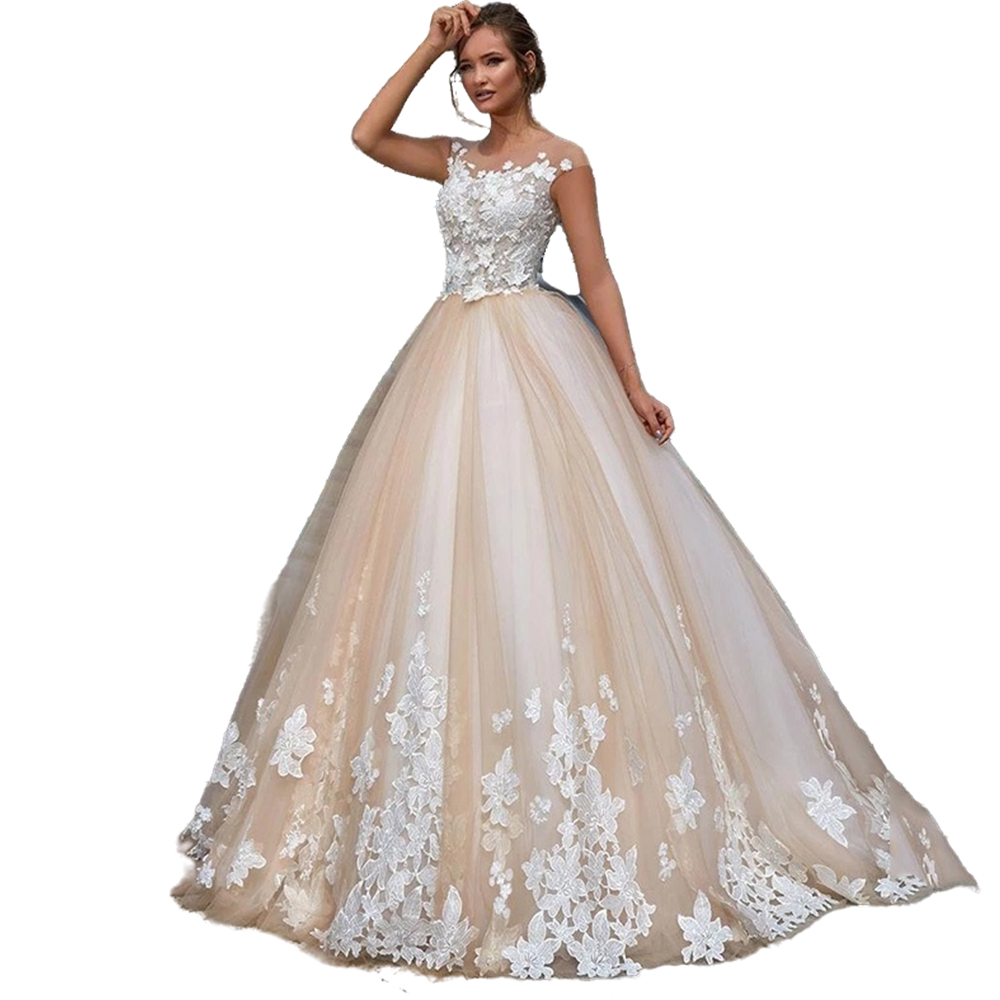 Champagne Tulle Appliques A-Line Wedding Dress Scoop Neck Illusion Sleeve Bridal Gowns Back Buttons Lace Sweep Train Long Bride Wear Elegant Robe De M