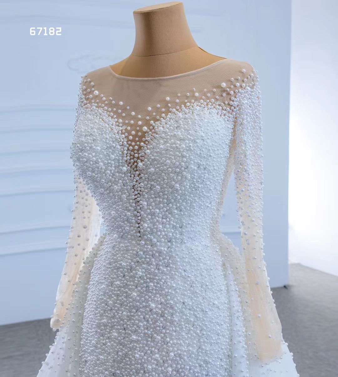 Illusion Long Sleeve Crystal Mermaid Wedding Dress with remove train robe de mariage Pearls Lace-up Corset Back Bridal Gowns