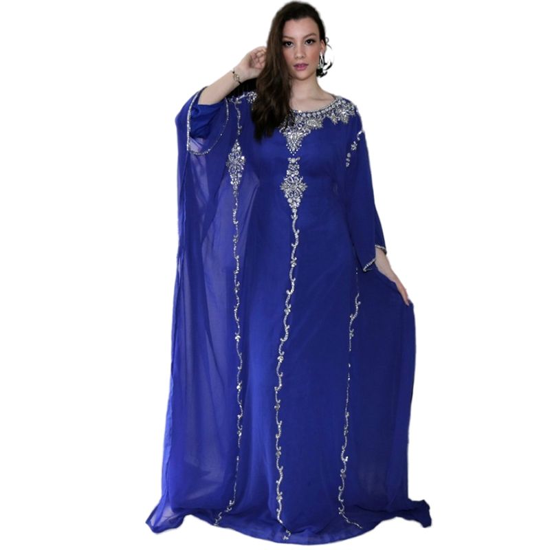 Royal Blue Evening Dresses Arabic Dubai Abaya Morocco Crystals Beaded Long Sleeves Caped Floor Length Muslim Prom Party Gowns