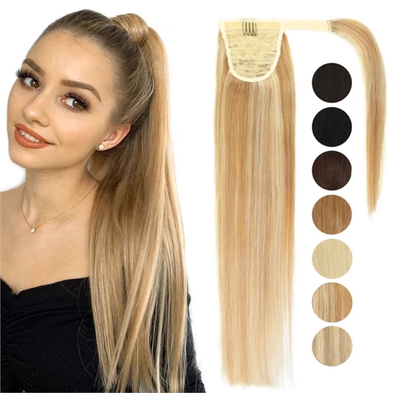 Blonde Ponytail Human Hair Remy Ponytail Extension Wrap Around Natural virgin Hairs Straight Thick ends double drawn p18/613 120g