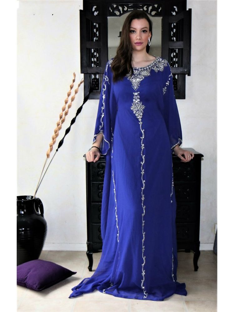 Royal Blue Evening Dresses Arabic Dubai Abaya Morocco Crystals Beaded Long Sleeves Caped Floor Length Muslim Prom Party Gowns