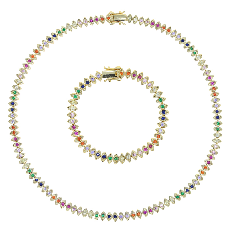 Iced out eye charm tennis chain necklace with gold plated paved white rainbow cz stone statement necklaces for women lady party punk hip hop jewelry d