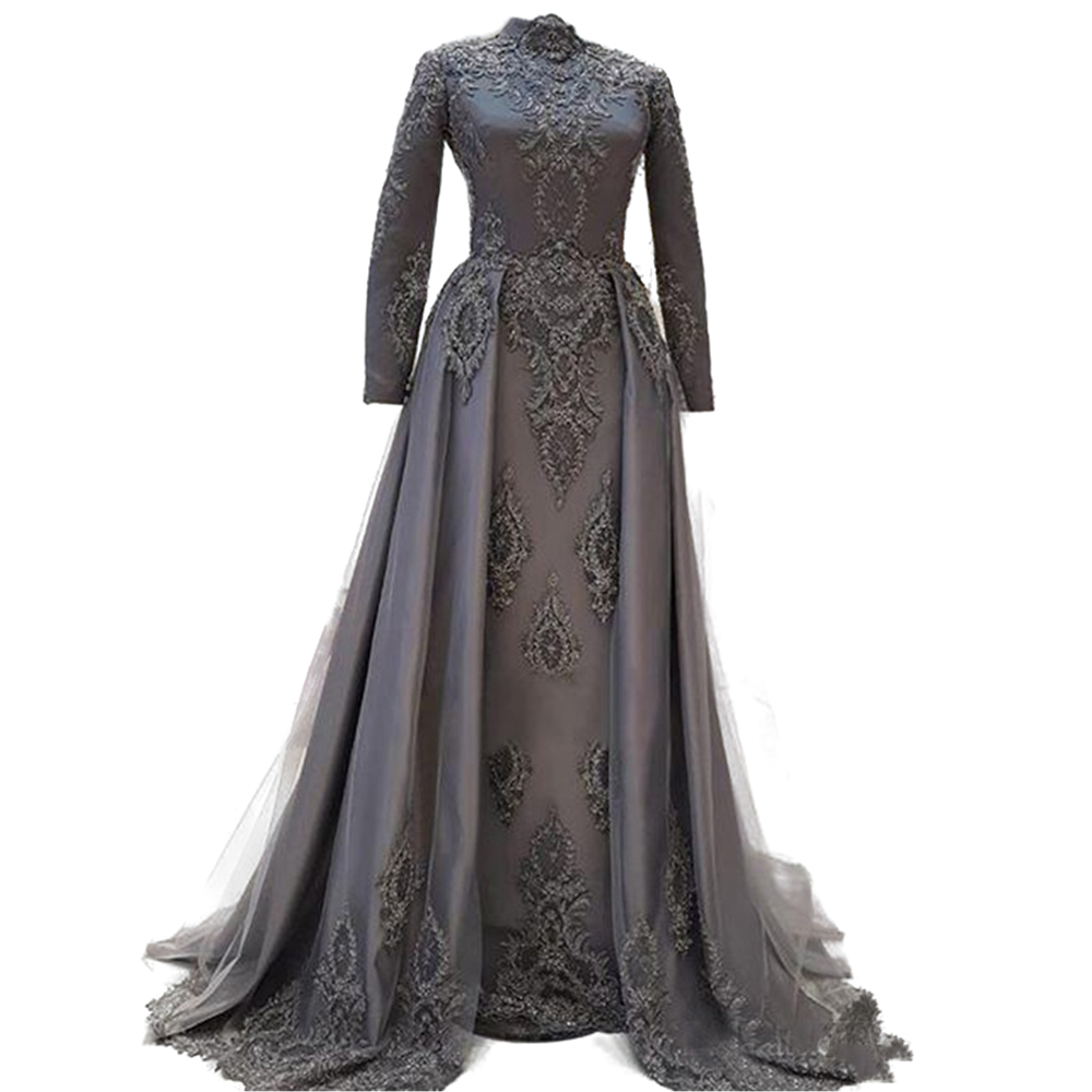 Elegant Muslim Mother Of The Bride Dresses High Neck Long Sleeves Grey Formal Evening Gowns Lace Appliques A-Line Women Spring Autumn Winter Celebrity