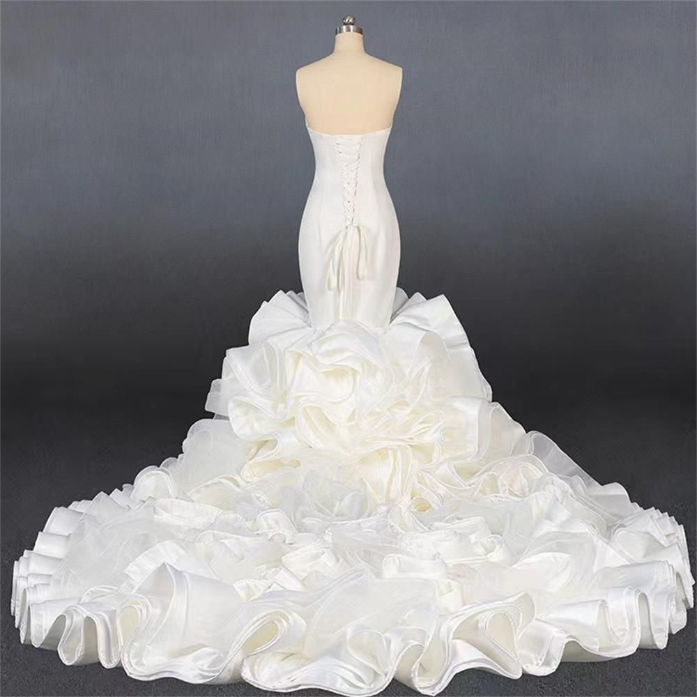 Bridal Satin Sweetheart Mermaid Wedding Dresses Sexy Deep V Neck Fishtail lace-up Corset Ruffles Organza Bridal Dress Robes
