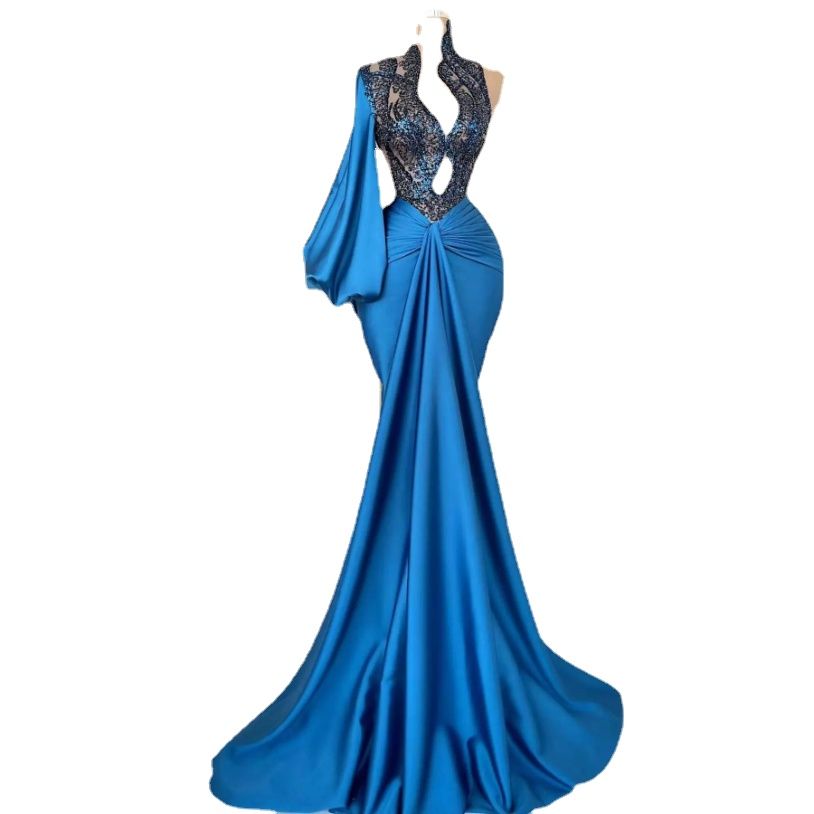 Blue lace stain Mermaid evening Dresses Sexy Deep V-Neck arabic aso ebi Long Sleeves prom Gown Bridesmaid Formal Dress