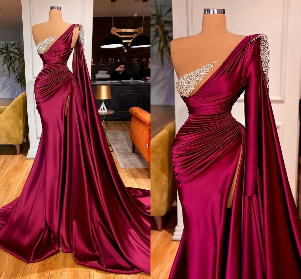 Vintage Mermaid Evening Dress One Shoulder Crystal Pleats Side Split Formal Prom Gowns for Women Party Wear Arabic Dubai Vestidos De Fieast