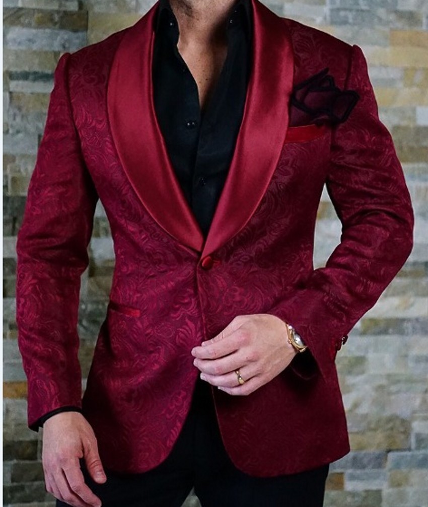 Burgundy Butterfly Jacquard Groom Tuxedos Embossed Three-dimensional Pattern Men's Blazer 2 Piece Suits Wedding Dress Prom Clothing Multi-color o