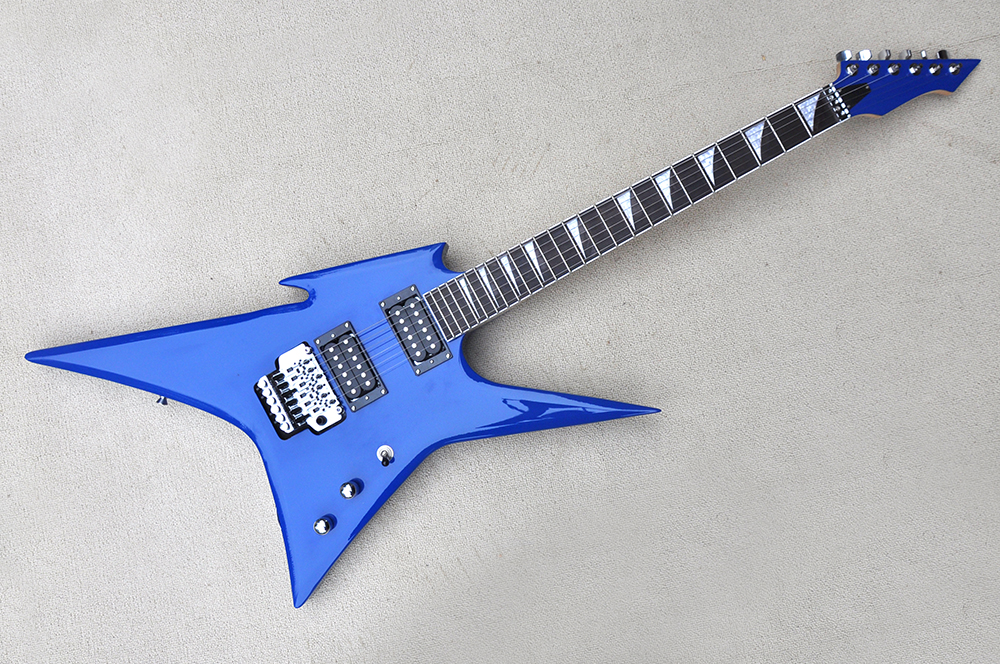 Factory Custom Blue Electric Guitar with HH Pickups Rosewood Fretboard Double Rock Bridge Reverse Headstock Offer Customized