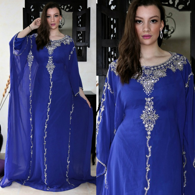 Elegant Royal Blue Evening Dresses Arabic Dubai Chiffon Abaya Crystals Beaded Long Sleeves Caped Floor Length Muslim Prom Party Gowns Custom Made 2023