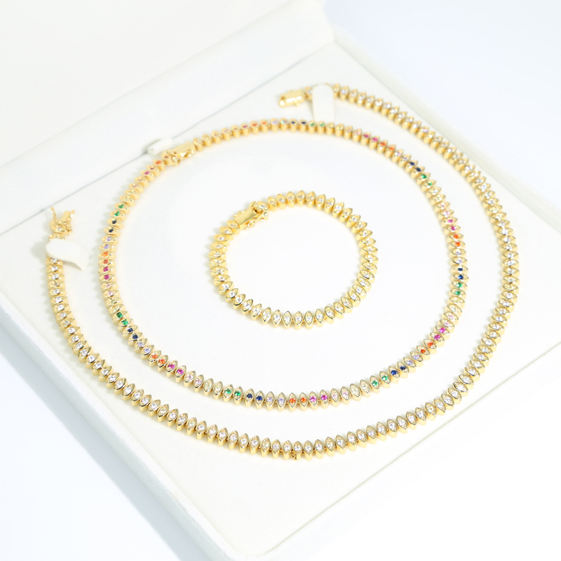 Iced out eye charm tennis chain necklace with gold plated paved white rainbow cz stone statement necklaces for women lady party punk hip hop jewelry d